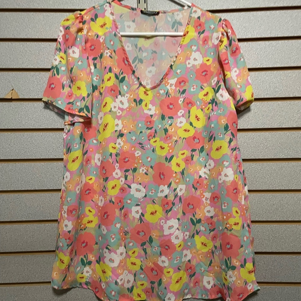 Heimish USA Medium Peach Floral Shirt Sleeve Blouse Shirt Top‎ V Neck